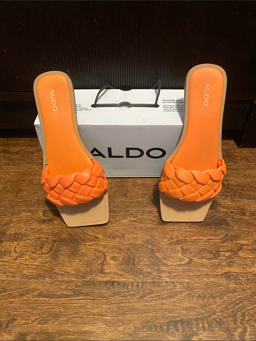 Aldo Orange Braided Strap Slide Sandals with Tan Sole
